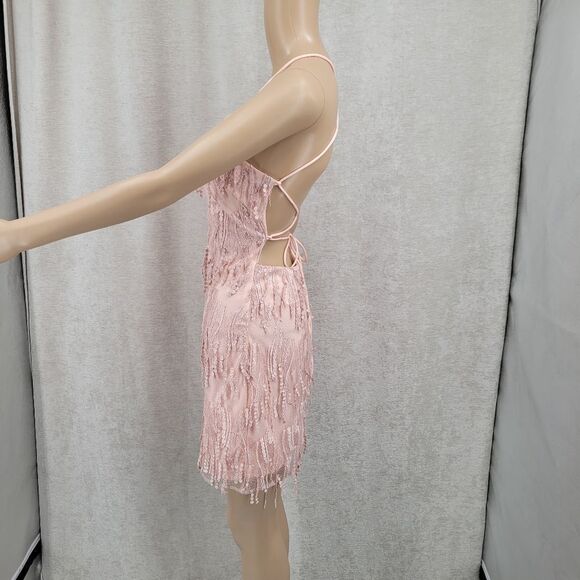 Lulus Making Magic Blush Pink Fringe Lace-Up Mini Dress Women's Size Small - Picture 5 of 13